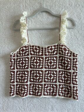 Marine Layer Cora Crochet Granny Square Tank Top Brown & Cream Size Large